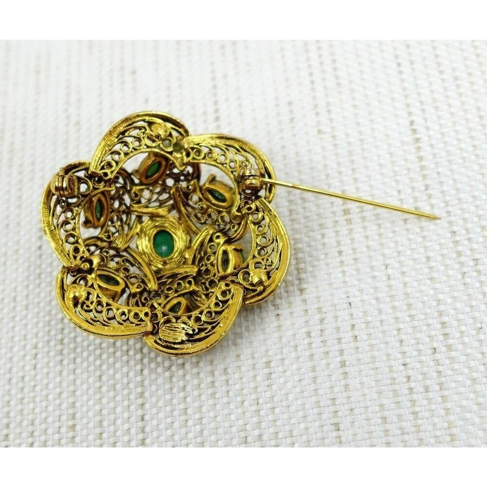 Vintage Gold Tone Dome Brooch Filigree Tiered Green Faux Pearl Victorian Revival